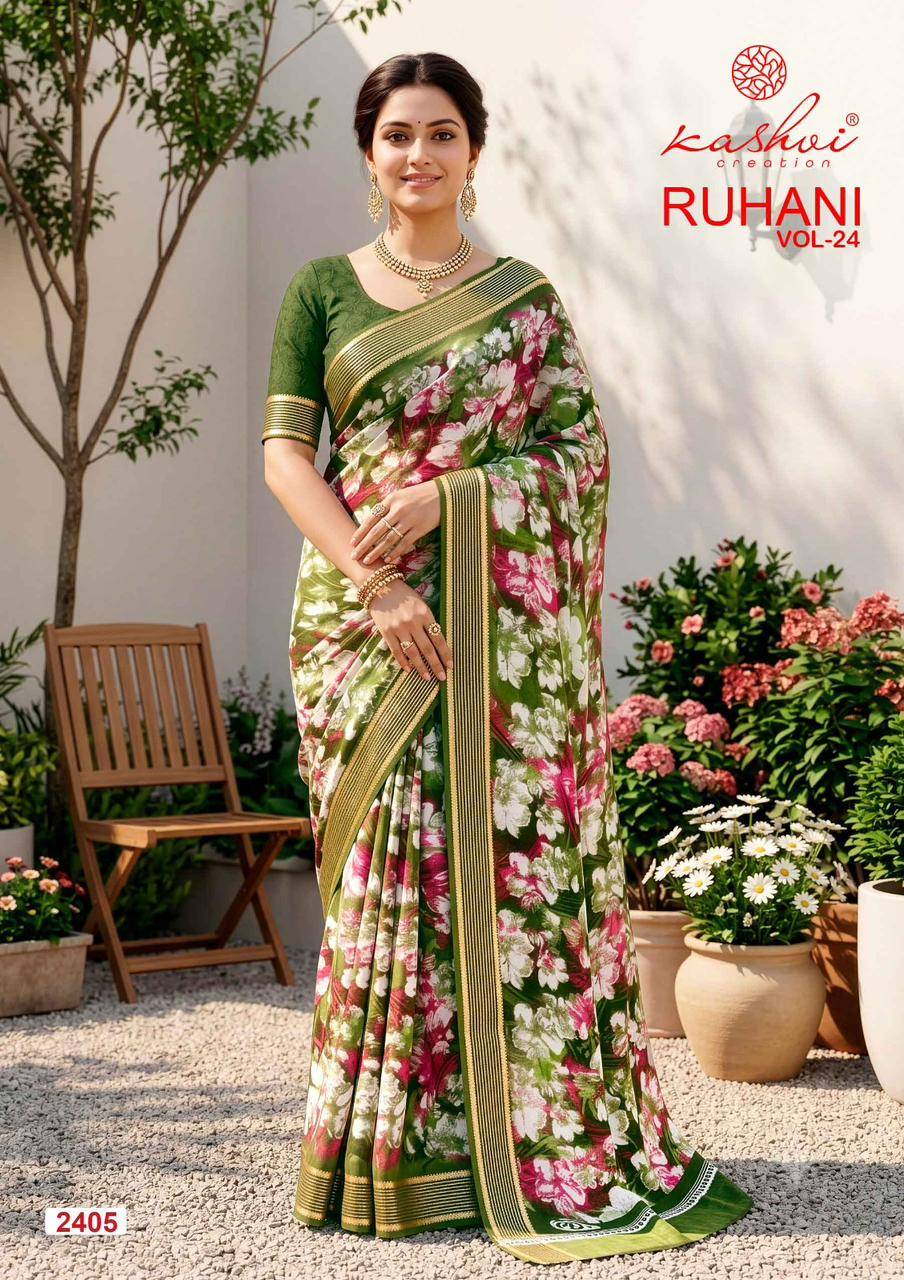 RUHANI VOL. 24 By KASHVI CREATION 2401 To 2408 Series Indian Traditional Wear Collection Beautiful Stylish Fancy Colorful Casuals Wear DULL MOSS ZARI PATTA Sarees At Wholesale Price